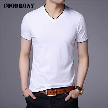 COODRONY Brand Summer Short Sleeve T Shirt Men Cotton Tee Shirt Homme Streetwear Casual V-Neck T-Shirt Men Clothing Tops C5102S WHITE