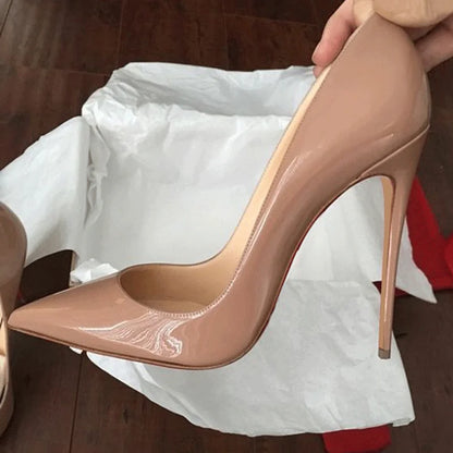 Classic Patent Pointed-Toe Stiletto Pumps for Women – High Heel Slip-On Shoes Nude 12cm Heel