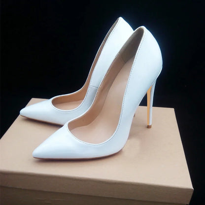 Classic Patent Pointed-Toe Stiletto Pumps for Women – High Heel Slip-On Shoes White 12cm Heel