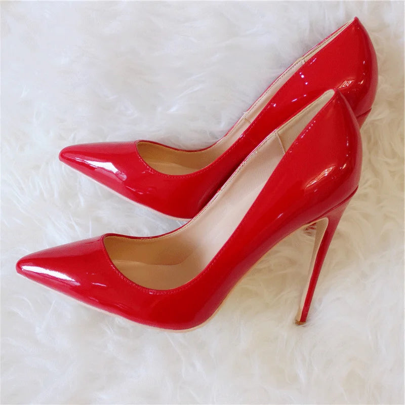 Classic Patent Pointed-Toe Stiletto Pumps for Women – High Heel Slip-On Shoes Red 12cm Heel