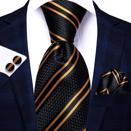 Black Red Striped Silk Wedding Tie for Men with Handkerchief and Cufflinks - Designer Necktie for Fashion, Business, and Parties. 3324