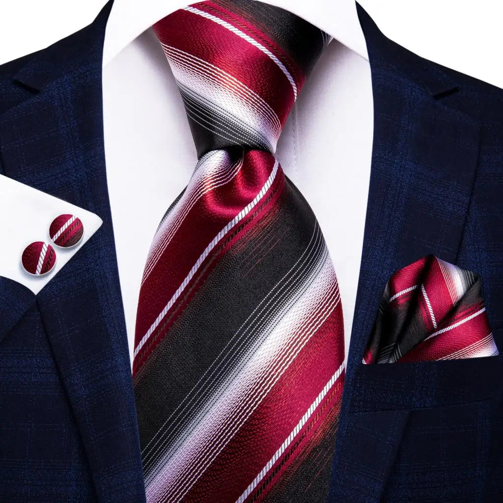 Black Red Striped Silk Wedding Tie for Men with Handkerchief and Cufflinks - Designer Necktie for Fashion, Business, and Parties. 3339