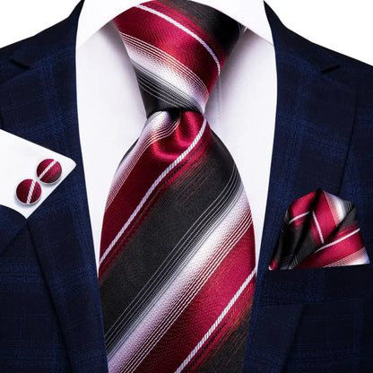 Black Red Striped Silk Wedding Tie for Men with Handkerchief and Cufflinks - Designer Necktie for Fashion, Business, and Parties. 3339