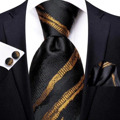 Black Red Striped Silk Wedding Tie for Men with Handkerchief and Cufflinks - Designer Necktie for Fashion, Business, and Parties. 3397