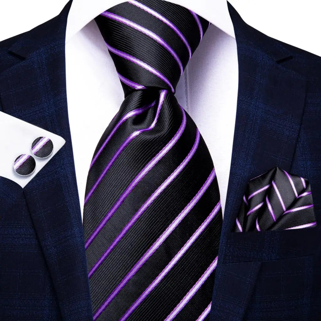 Black Red Striped Silk Wedding Tie for Men with Handkerchief and Cufflinks - Designer Necktie for Fashion, Business, and Parties. 3353