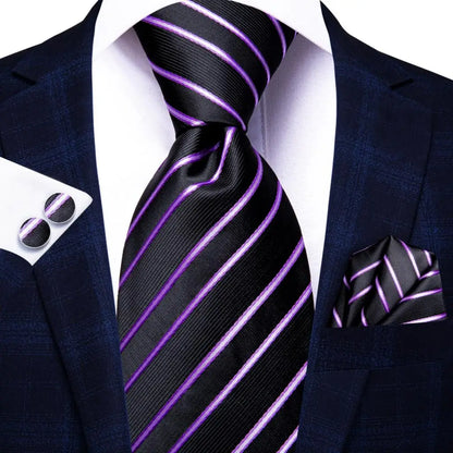 Black Red Striped Silk Wedding Tie for Men with Handkerchief and Cufflinks - Designer Necktie for Fashion, Business, and Parties. 3353