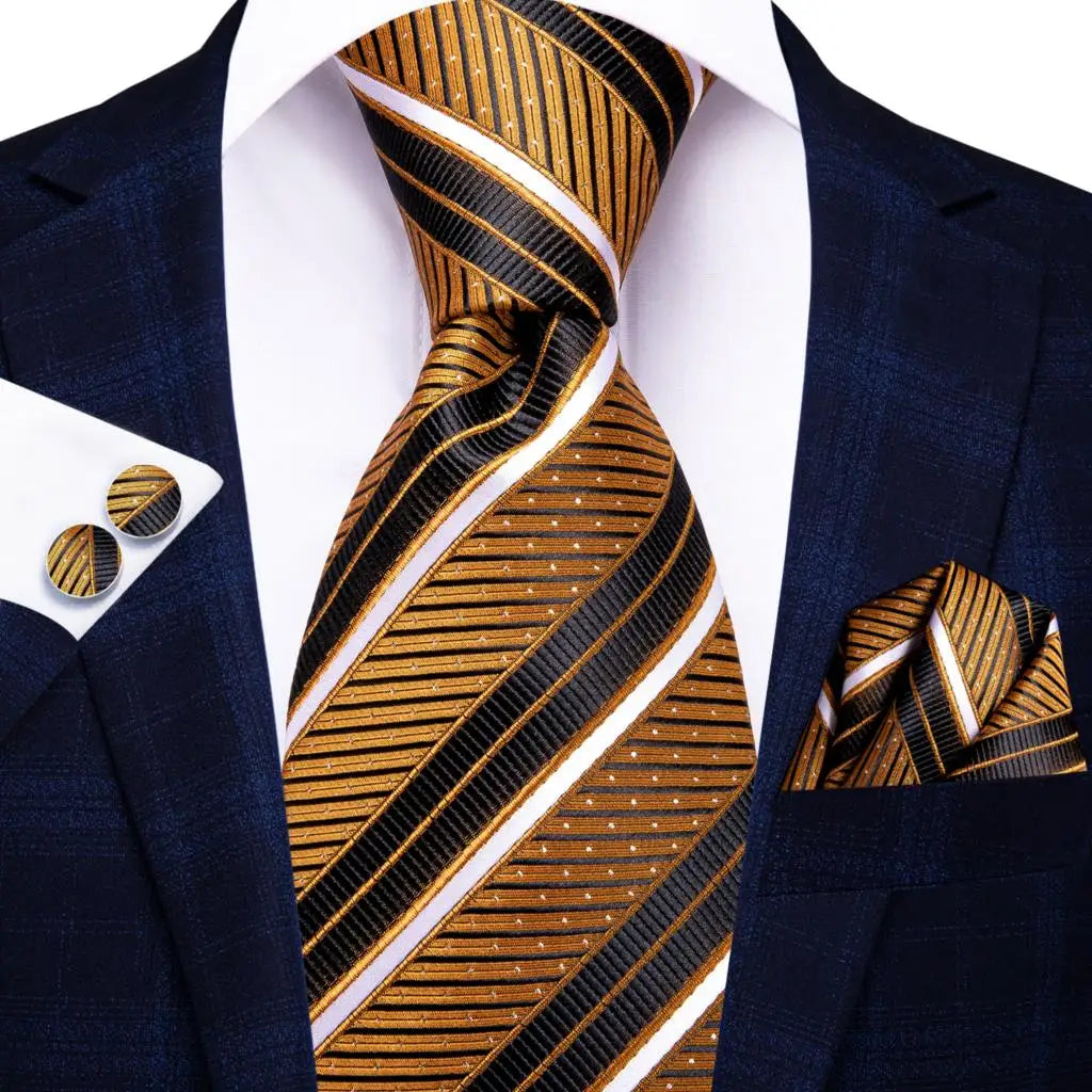 Black Red Striped Silk Wedding Tie for Men with Handkerchief and Cufflinks - Designer Necktie for Fashion, Business, and Parties. 3334