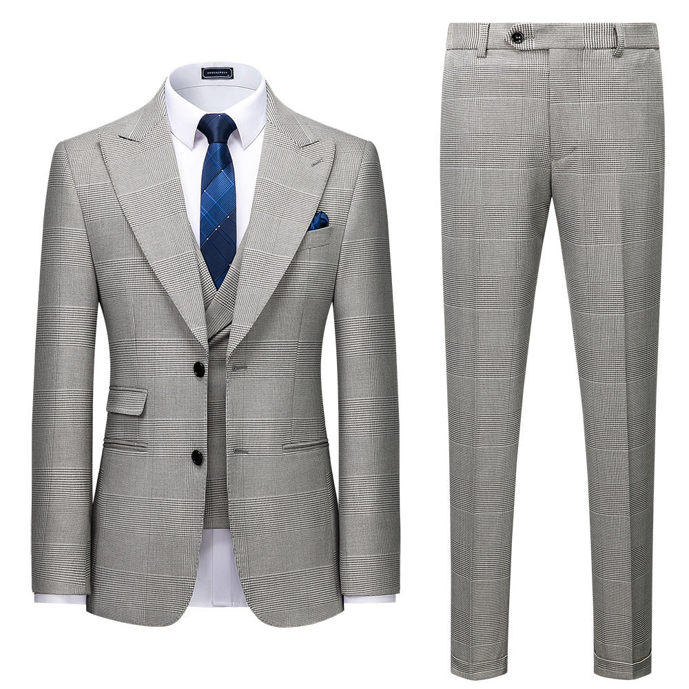Men's Suit Slim Fit Business Casual Gray Lattice Pattern Three-piece Suit Gray Plaid 618