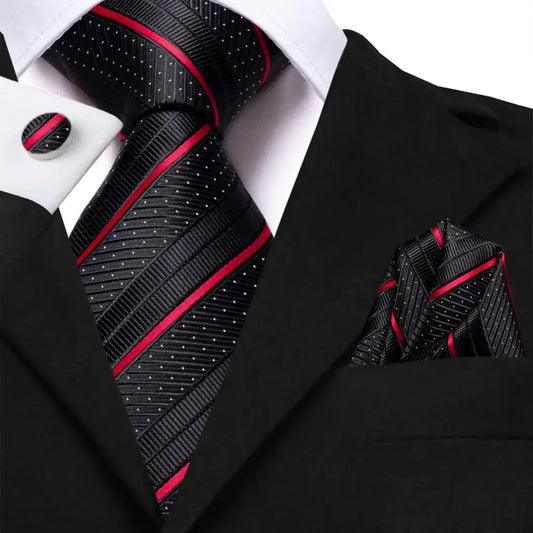 Black Red Striped Silk Wedding Tie for Men with Handkerchief and Cufflinks - Designer Necktie for Fashion, Business, and Parties.