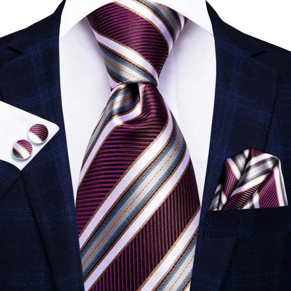 Black Red Striped Silk Wedding Tie for Men with Handkerchief and Cufflinks - Designer Necktie for Fashion, Business, and Parties. 3345