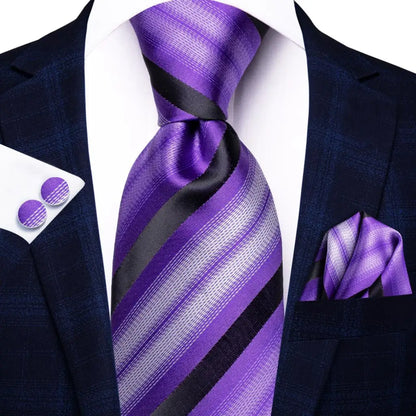 Black Red Striped Silk Wedding Tie for Men with Handkerchief and Cufflinks - Designer Necktie for Fashion, Business, and Parties. 3481