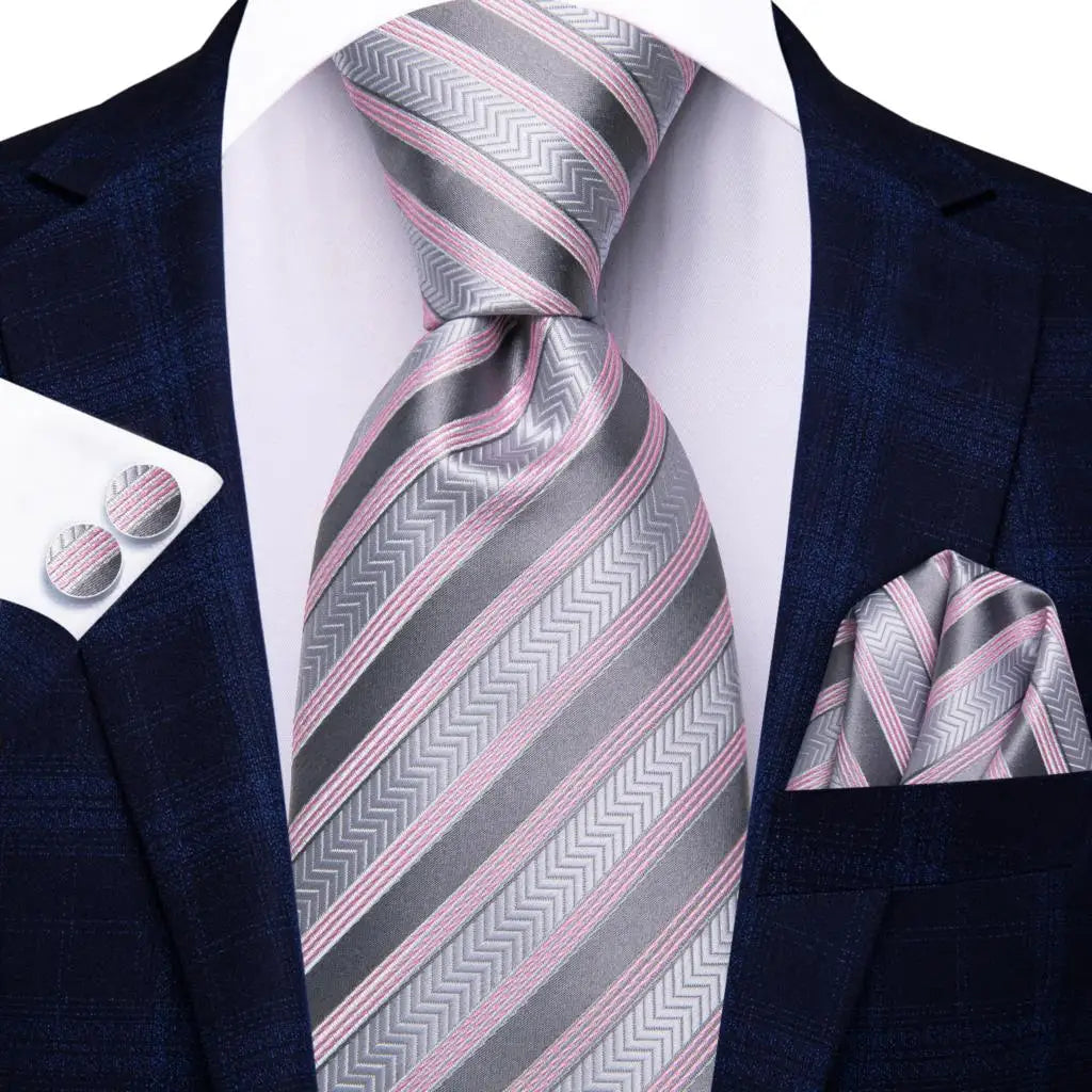 Black Red Striped Silk Wedding Tie for Men with Handkerchief and Cufflinks - Designer Necktie for Fashion, Business, and Parties. 3849