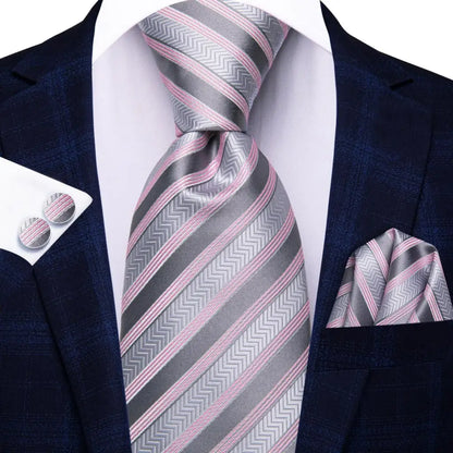 Black Red Striped Silk Wedding Tie for Men with Handkerchief and Cufflinks - Designer Necktie for Fashion, Business, and Parties. 3849