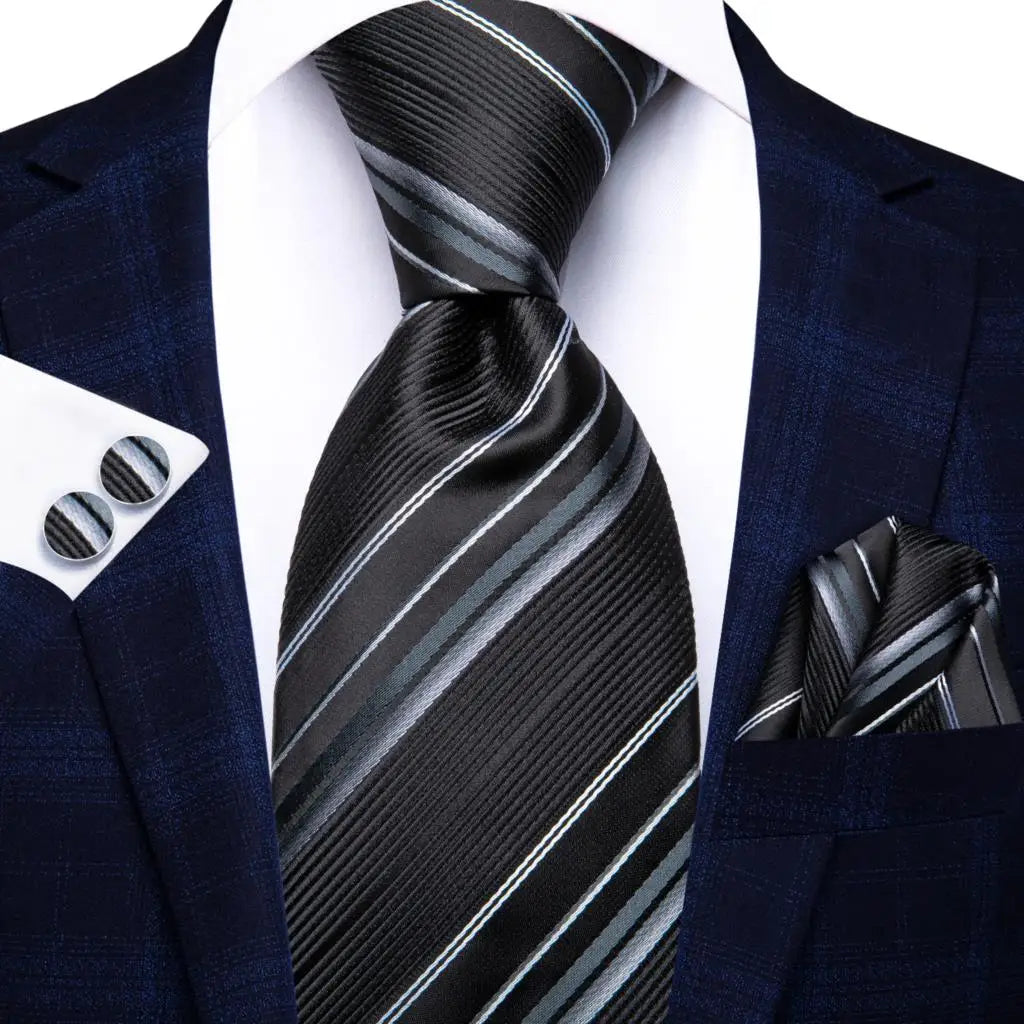 Black Red Striped Silk Wedding Tie for Men with Handkerchief and Cufflinks - Designer Necktie for Fashion, Business, and Parties. 3864