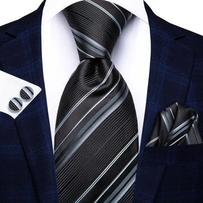 Black Red Striped Silk Wedding Tie for Men with Handkerchief and Cufflinks - Designer Necktie for Fashion, Business, and Parties. 3864