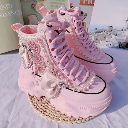 Sweet Pink Casual High Platform Sneakers for Women | Lace-Up Ankle Booties with Pearls & Rhinestones | Thick Bottom Ladies Casual Shoes As Photo