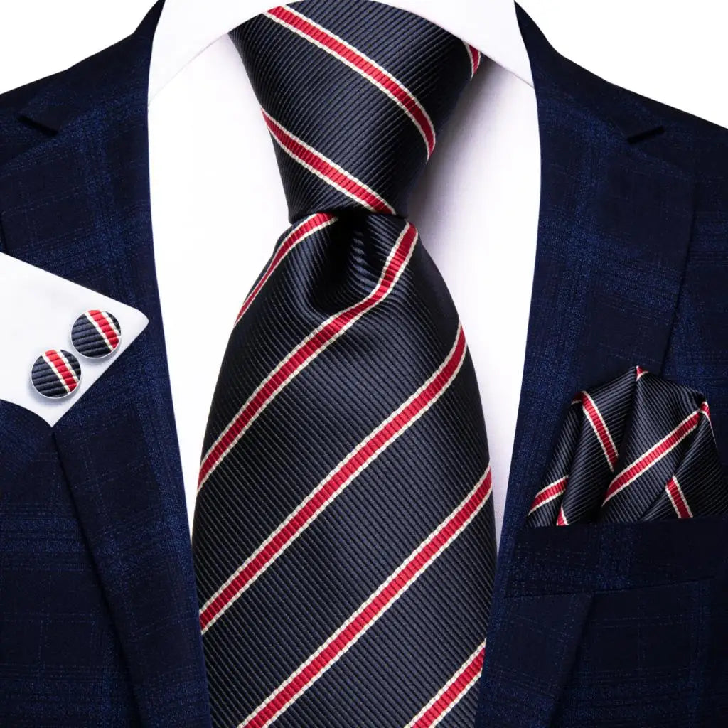 Black Red Striped Silk Wedding Tie for Men with Handkerchief and Cufflinks - Designer Necktie for Fashion, Business, and Parties. 3868