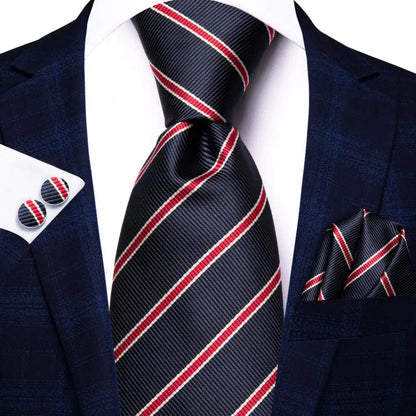 Black Red Striped Silk Wedding Tie for Men with Handkerchief and Cufflinks - Designer Necktie for Fashion, Business, and Parties. 3868