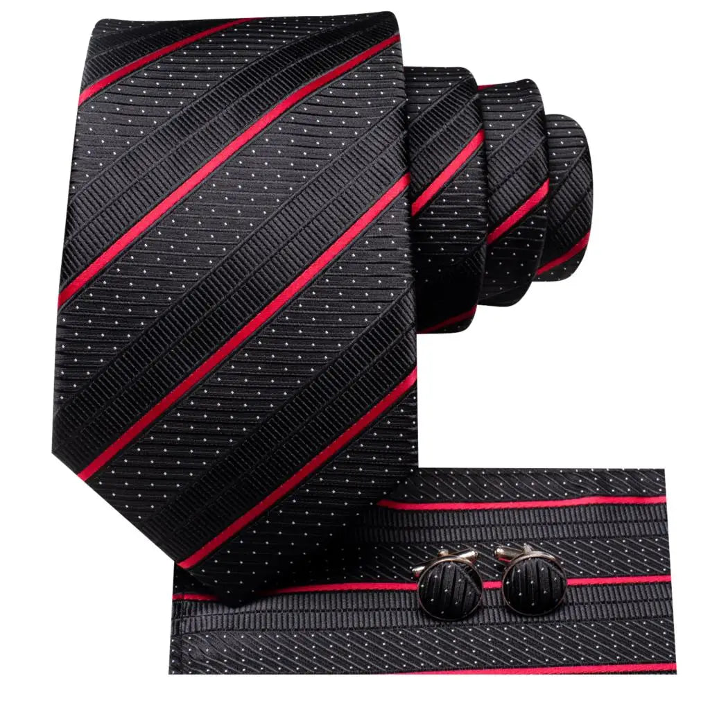 Black Red Striped Silk Wedding Tie for Men with Handkerchief and Cufflinks - Designer Necktie for Fashion, Business, and Parties.