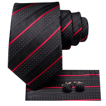 Black Red Striped Silk Wedding Tie for Men with Handkerchief and Cufflinks - Designer Necktie for Fashion, Business, and Parties.