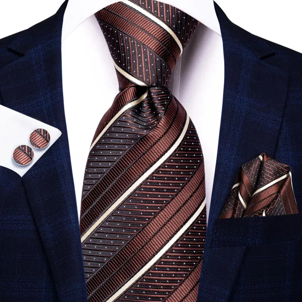 Black Red Striped Silk Wedding Tie for Men with Handkerchief and Cufflinks - Designer Necktie for Fashion, Business, and Parties. 3472