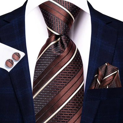 Black Red Striped Silk Wedding Tie for Men with Handkerchief and Cufflinks - Designer Necktie for Fashion, Business, and Parties. 3472