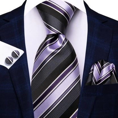 Black Red Striped Silk Wedding Tie for Men with Handkerchief and Cufflinks - Designer Necktie for Fashion, Business, and Parties. 3869