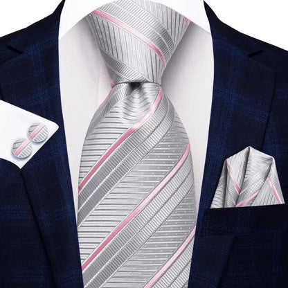 Black Red Striped Silk Wedding Tie for Men with Handkerchief and Cufflinks - Designer Necktie for Fashion, Business, and Parties. 3701
