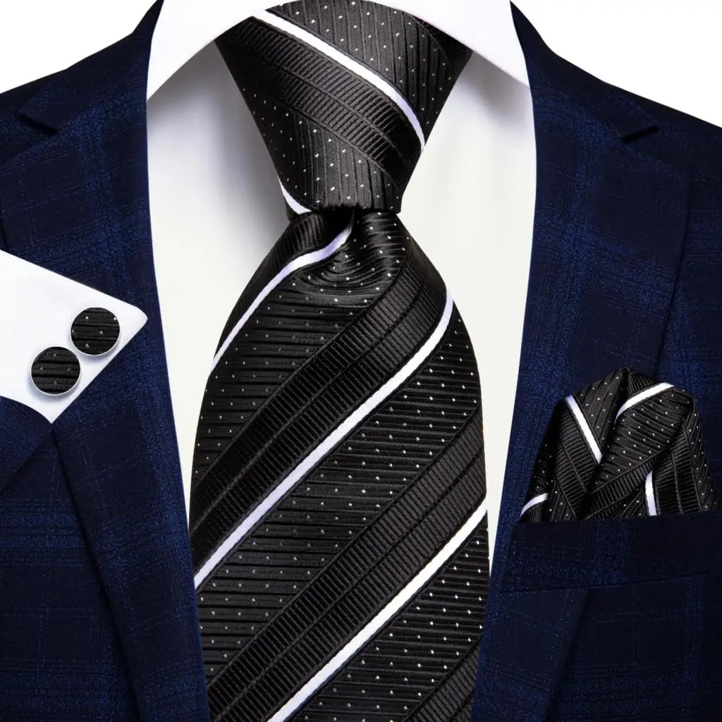 Black Red Striped Silk Wedding Tie for Men with Handkerchief and Cufflinks - Designer Necktie for Fashion, Business, and Parties. 3415