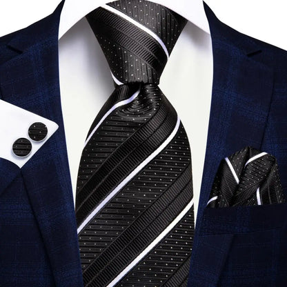 Black Red Striped Silk Wedding Tie for Men with Handkerchief and Cufflinks - Designer Necktie for Fashion, Business, and Parties. 3415