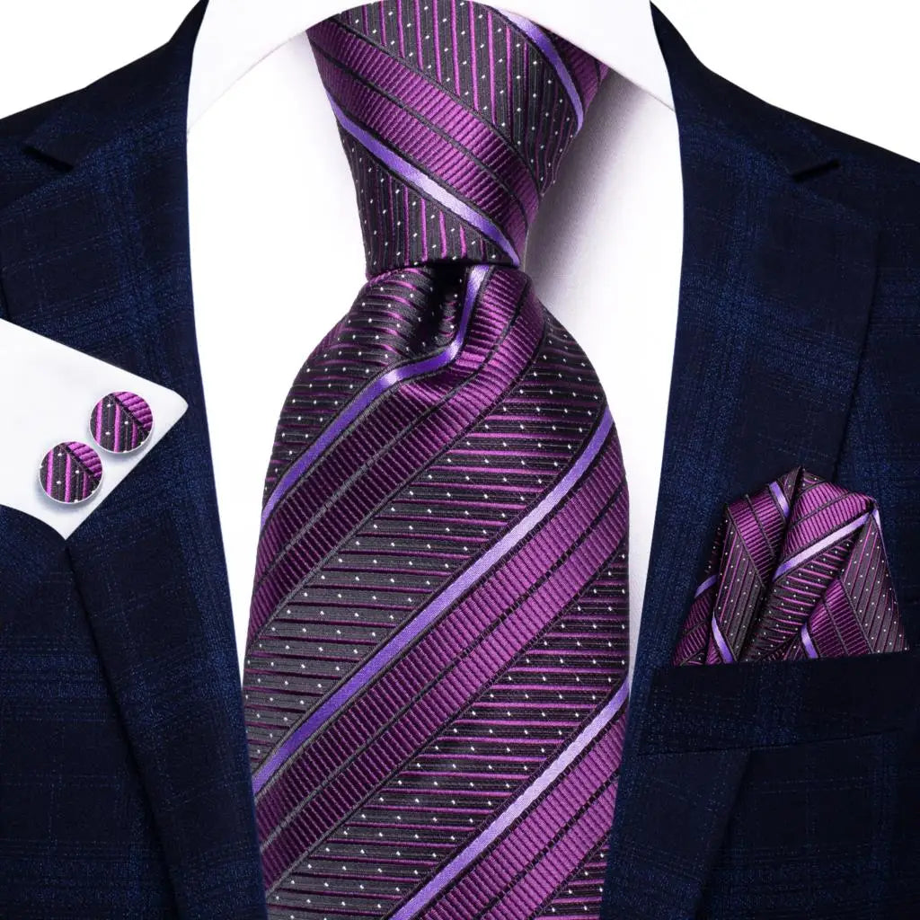 Black Red Striped Silk Wedding Tie for Men with Handkerchief and Cufflinks - Designer Necktie for Fashion, Business, and Parties. 3474