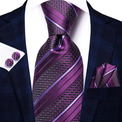 Black Red Striped Silk Wedding Tie for Men with Handkerchief and Cufflinks - Designer Necktie for Fashion, Business, and Parties. 3474
