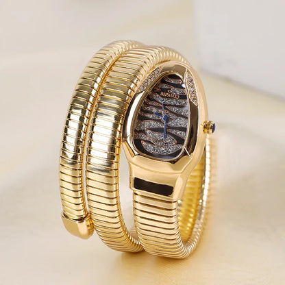 Luxurious Diamond Snake Bracelet Watch for Women - Creative Quartz Ladies Wristwatch - Elegant Gifts for Her Gold black dial