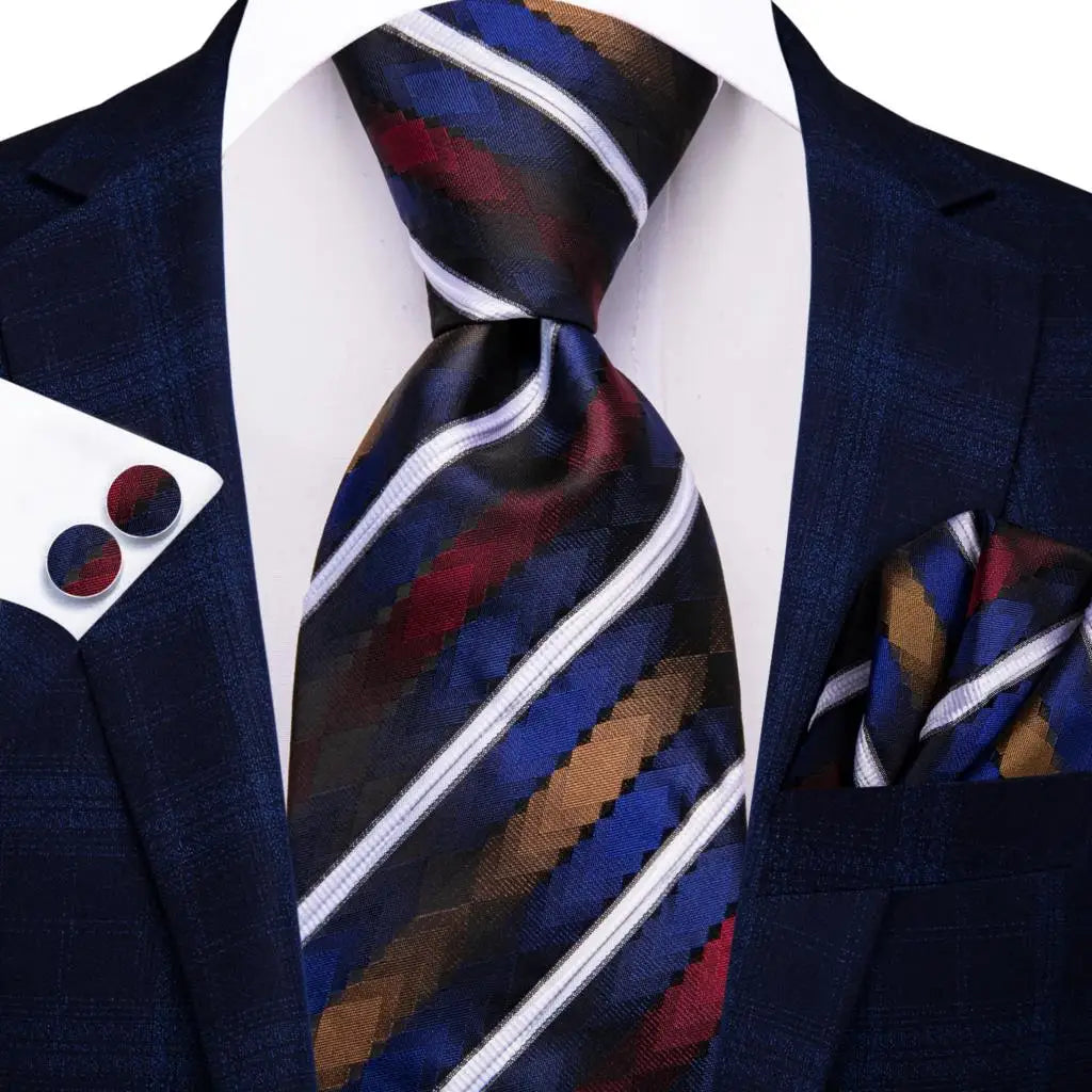 Black Red Striped Silk Wedding Tie for Men with Handkerchief and Cufflinks - Designer Necktie for Fashion, Business, and Parties. 3889