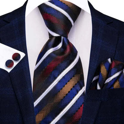 Black Red Striped Silk Wedding Tie for Men with Handkerchief and Cufflinks - Designer Necktie for Fashion, Business, and Parties. 3889