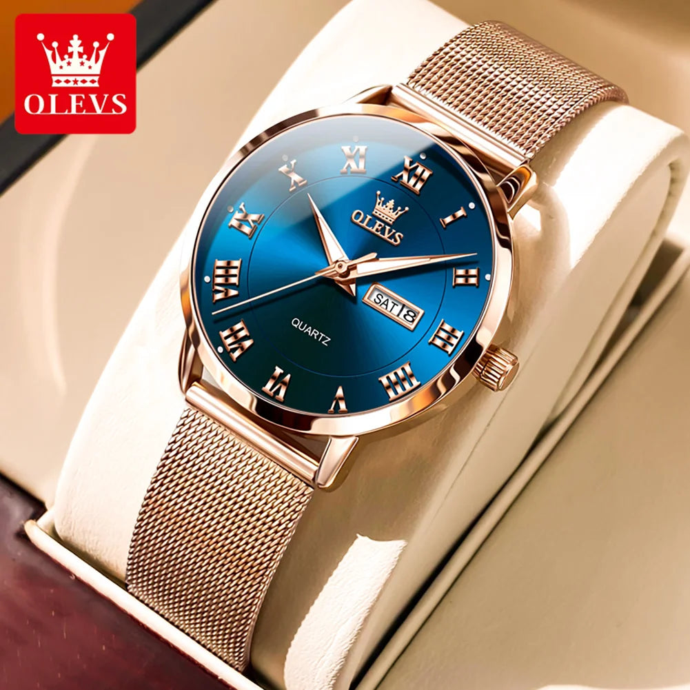 OLEVS Luxury Women's Quartz Watch | Week Calendar, Waterproof, Luminous, Milanese Mesh Belt blue CHINA