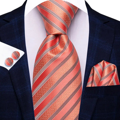 Black Red Striped Silk Wedding Tie for Men with Handkerchief and Cufflinks - Designer Necktie for Fashion, Business, and Parties. 3851