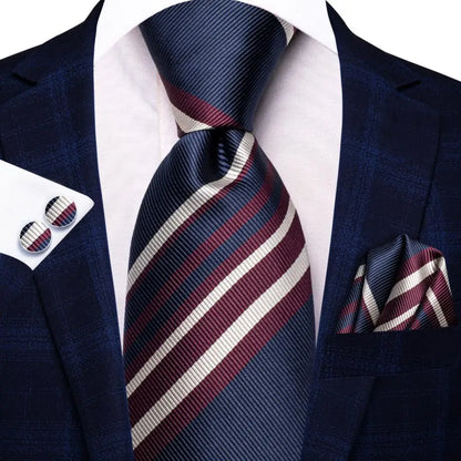 Black Red Striped Silk Wedding Tie for Men with Handkerchief and Cufflinks - Designer Necktie for Fashion, Business, and Parties. 3761