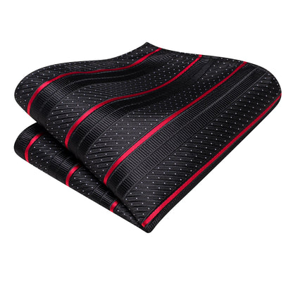Black Red Striped Silk Wedding Tie for Men with Handkerchief and Cufflinks - Designer Necktie for Fashion, Business, and Parties.