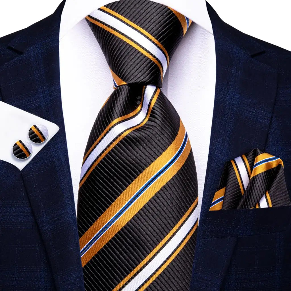 Black Red Striped Silk Wedding Tie for Men with Handkerchief and Cufflinks - Designer Necktie for Fashion, Business, and Parties. 3829