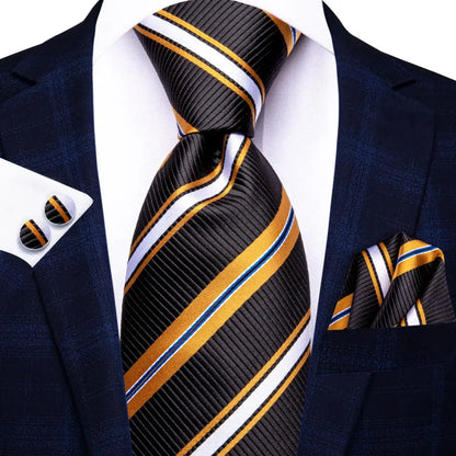 Black Red Striped Silk Wedding Tie for Men with Handkerchief and Cufflinks - Designer Necktie for Fashion, Business, and Parties. 3829