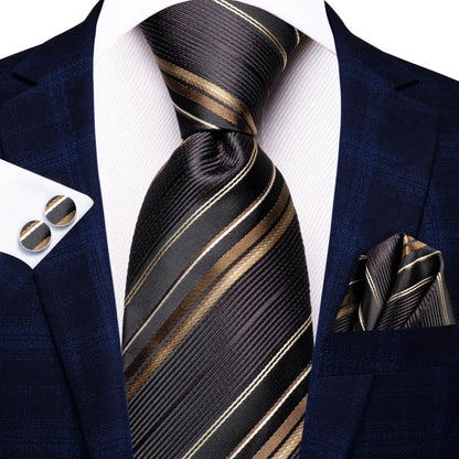 Black Red Striped Silk Wedding Tie for Men with Handkerchief and Cufflinks - Designer Necktie for Fashion, Business, and Parties. 3768
