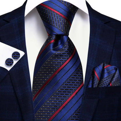 Black Red Striped Silk Wedding Tie for Men with Handkerchief and Cufflinks - Designer Necktie for Fashion, Business, and Parties. 3416
