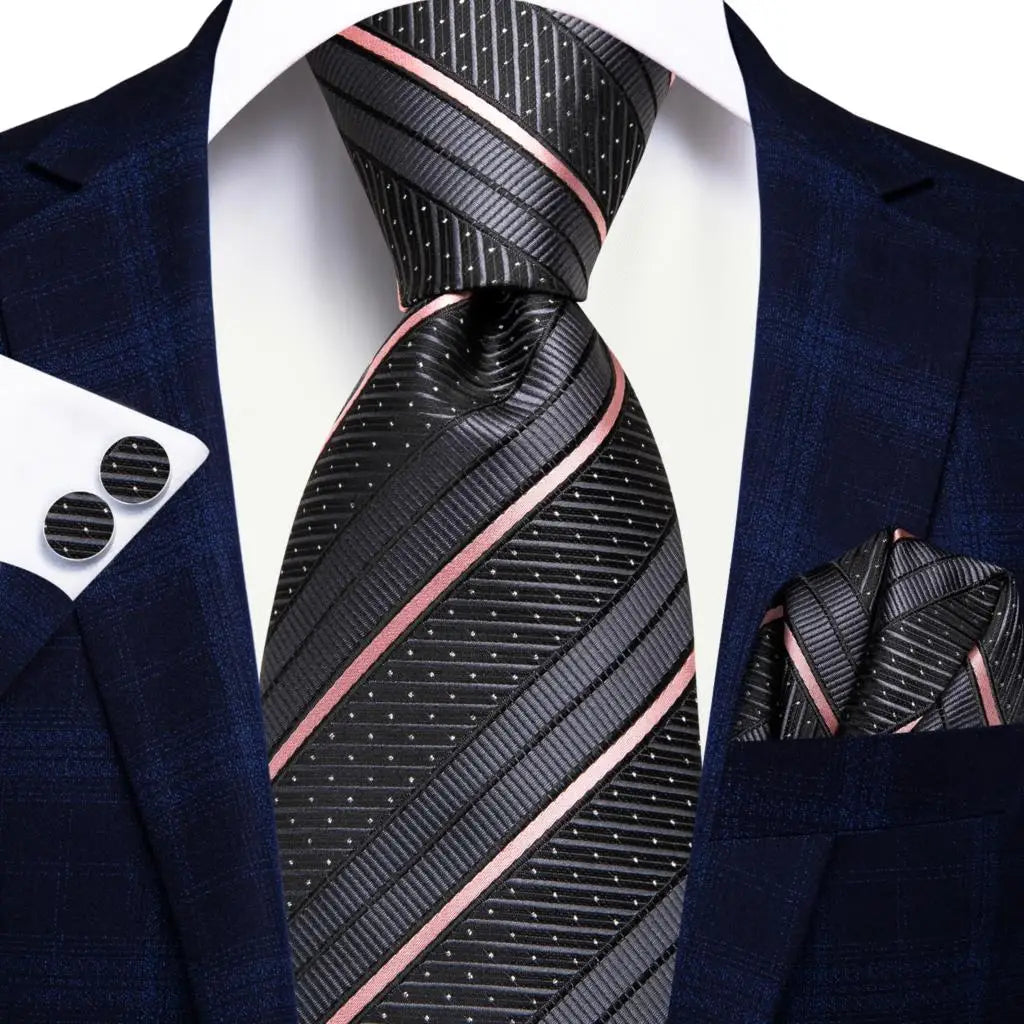 Black Red Striped Silk Wedding Tie for Men with Handkerchief and Cufflinks - Designer Necktie for Fashion, Business, and Parties. 3417