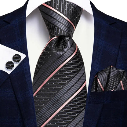 Black Red Striped Silk Wedding Tie for Men with Handkerchief and Cufflinks - Designer Necktie for Fashion, Business, and Parties. 3417
