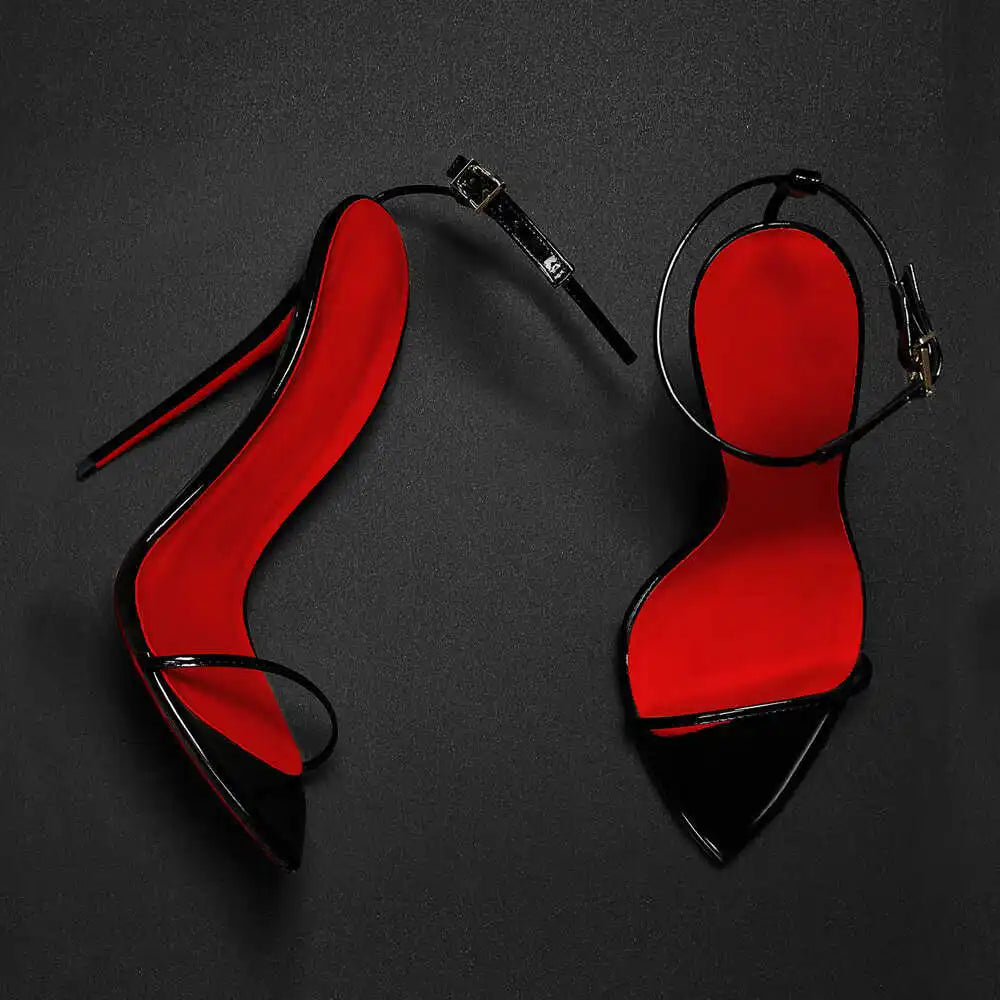 2024 Super High Heel Sandals with 12cm Pointed Buckle Strap, Red Sole, and Thin Heel - Sizes 35-46