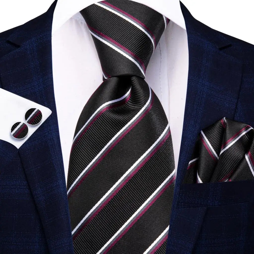 Black Red Striped Silk Wedding Tie for Men with Handkerchief and Cufflinks - Designer Necktie for Fashion, Business, and Parties. 3902