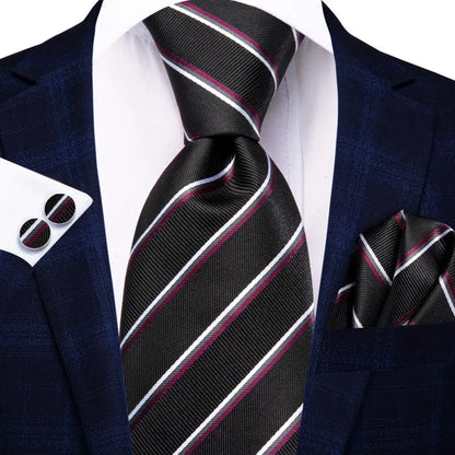 Black Red Striped Silk Wedding Tie for Men with Handkerchief and Cufflinks - Designer Necktie for Fashion, Business, and Parties. 3902