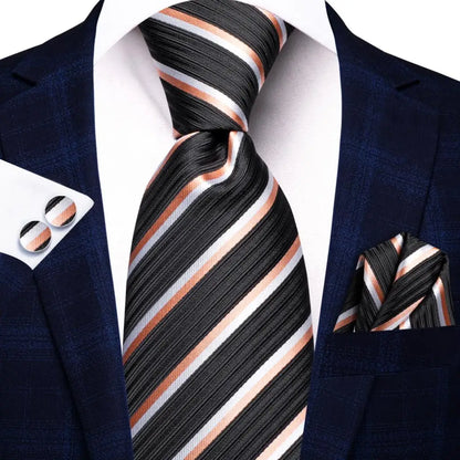 Black Red Striped Silk Wedding Tie for Men with Handkerchief and Cufflinks - Designer Necktie for Fashion, Business, and Parties. 3791