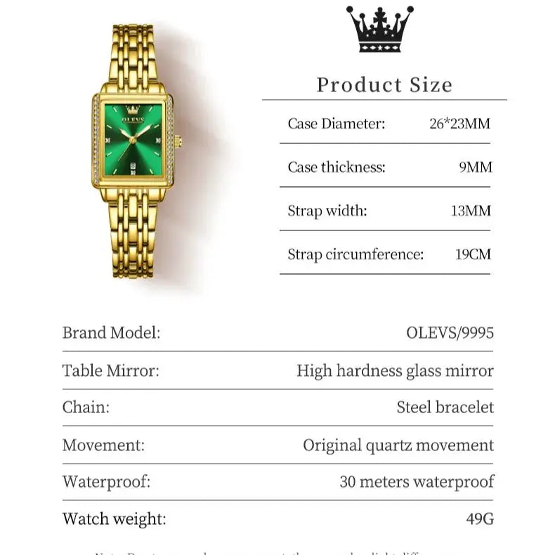 OLEVS 9995 Women's Luxury Diamond Wristwatch | Elegant Stainless Steel Square Watch with Waterproof and Luminous Features